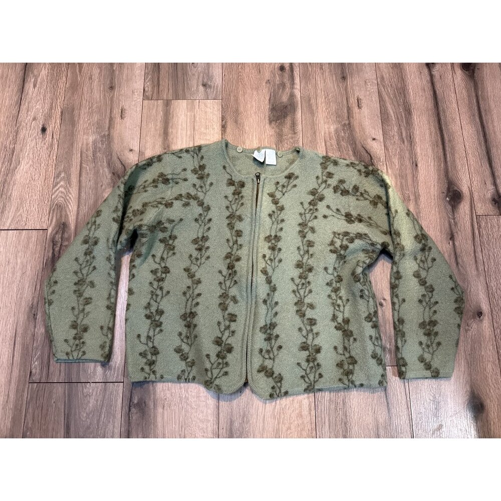 Vintage Green Boiled Wool Blend Floral Cardigan Zip Sweater Size L